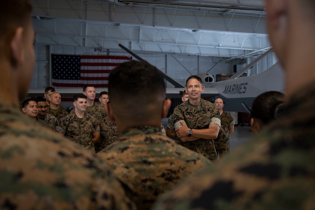 U.S. Marine Corps Sgt. Maj. Carlos A. Ruiz, the 20th Sergeant Major of the Marine Corps, visits Marine Corps Air Station (MCAS) Cherry Point, North Carolina, June 6, 2025. During his visit, Ruiz met with leadership from MCAS Cherry Point and 2nd Marine Aircraft Wing (MAW), visited Marine Unmanned Aerial Vehicle Training Squadron 2, spoke at an all-hands town hall, and attended chow with select Marines. Ruiz visited MCAS Cherry Point to gain a better understanding of current MAW operations. (U.S. Marine Corps photo by GySgt Jordan E. Gilbert)