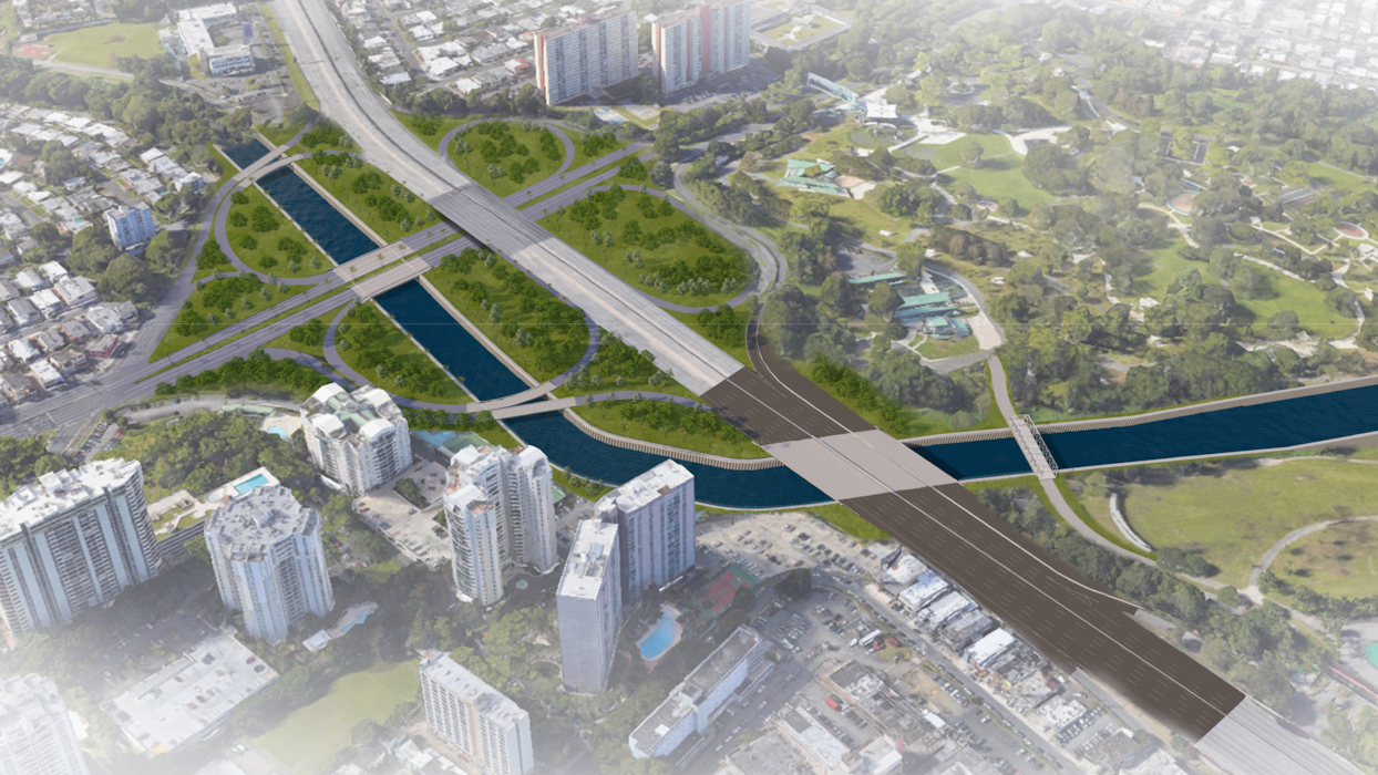 Rendering of an expressway interchange over a river.