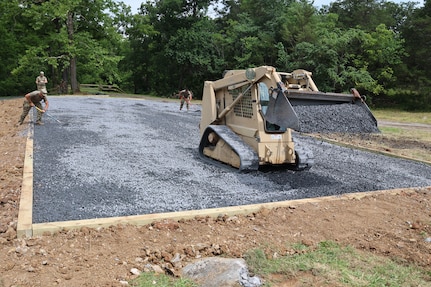Virginia National Guard leaders from the state, brigade and battalion level visit Soldiers assigned to the Cedar Bluff-based 1033rd Engineer Support Company, 276th Engineer Battalion, 329th Regional Support Group constructing a parking area and walking trail July 21, 2025, at the Cedar Creek & Belle Grove National Historical Park in Middletown, Virginia. The leaders met with U.S. National Park rangers, learned more about the project and the park, thanked Soldiers for their service and presented challenge coins to recognize outstanding duty performance. The project is part of the Innovative Readiness Training program where engineers put their military skills to work on community service projects approved by National Guard Bureau.