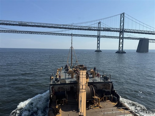 Coast Guard Cutter Ida Lewis crosses under the Chesapeake Bay Bridge July 1, 2025
