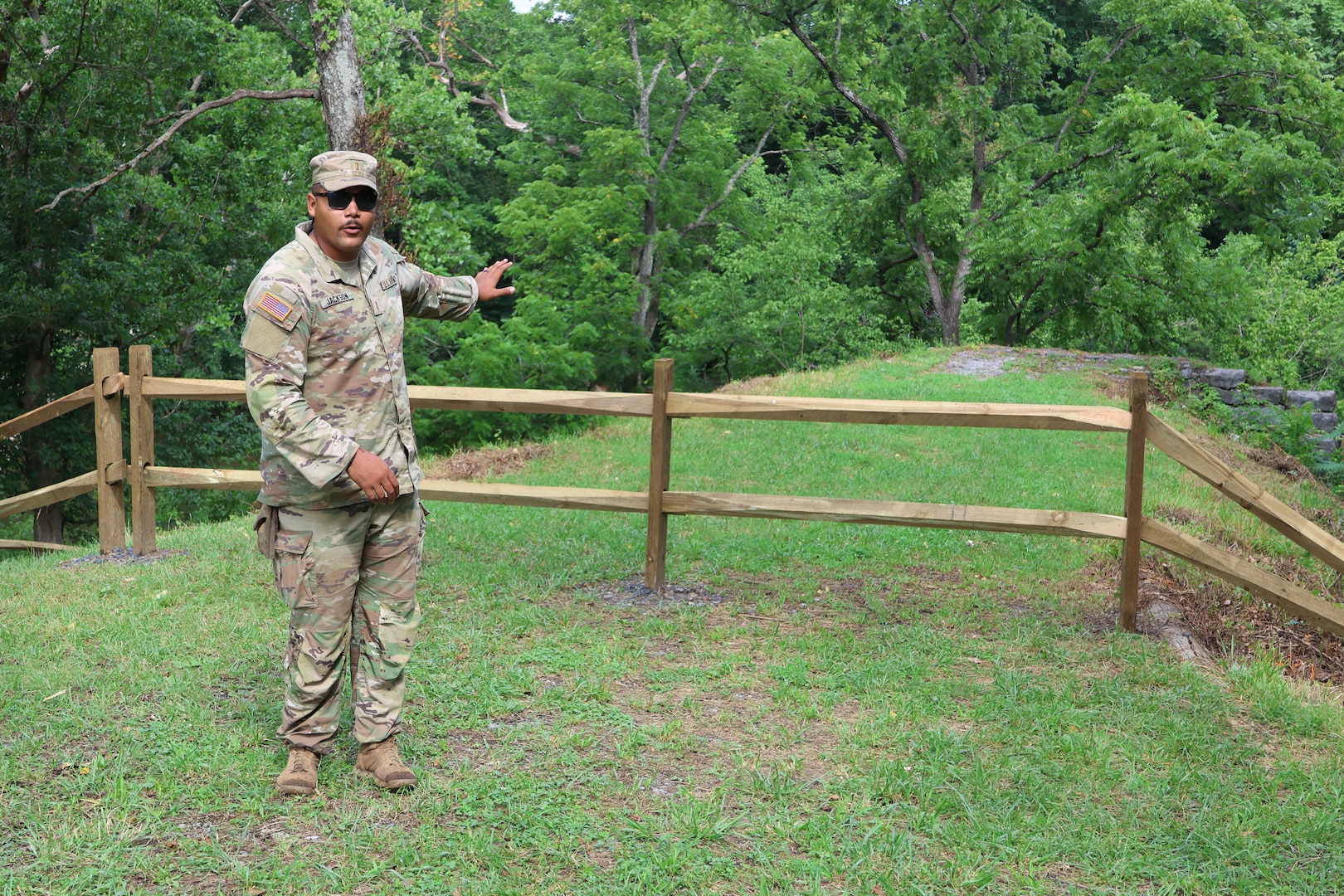 Virginia National Guard leaders from the state, brigade and battalion level visit Soldiers assigned to the Cedar Bluff-based 1033rd Engineer Support Company, 276th Engineer Battalion, 329th Regional Support Group constructing a parking area and walking trail July 21, 2025, at the Cedar Creek & Belle Grove National Historical Park in Middletown, Virginia. The leaders met with U.S. National Park rangers, learned more about the project and the park, thanked Soldiers for their service and presented challenge coins to recognize outstanding duty performance. The project is part of the Innovative Readiness Training program where engineers put their military skills to work on community service projects approved by National Guard Bureau.