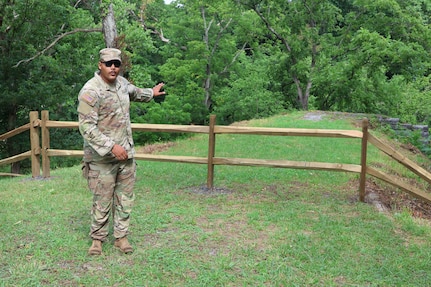 Virginia National Guard leaders from the state, brigade and battalion level visit Soldiers assigned to the Cedar Bluff-based 1033rd Engineer Support Company, 276th Engineer Battalion, 329th Regional Support Group constructing a parking area and walking trail July 21, 2025, at the Cedar Creek & Belle Grove National Historical Park in Middletown, Virginia. The leaders met with U.S. National Park rangers, learned more about the project and the park, thanked Soldiers for their service and presented challenge coins to recognize outstanding duty performance. The project is part of the Innovative Readiness Training program where engineers put their military skills to work on community service projects approved by National Guard Bureau.