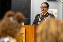 Sgt. Maj. Julie D. Harris, U.S. Army Financial Management Command Operations senior enlisted advisor, delivers remarks during her retirement ceremony at the Maj. Gen. Emmett J. Bean Federal Center in Indianapolis Nov. 25, 2024. Harris retired from the U.S. Army after more than 22 years of service. (U.S. Army photo by Mark R. W. Orders-Woempner)