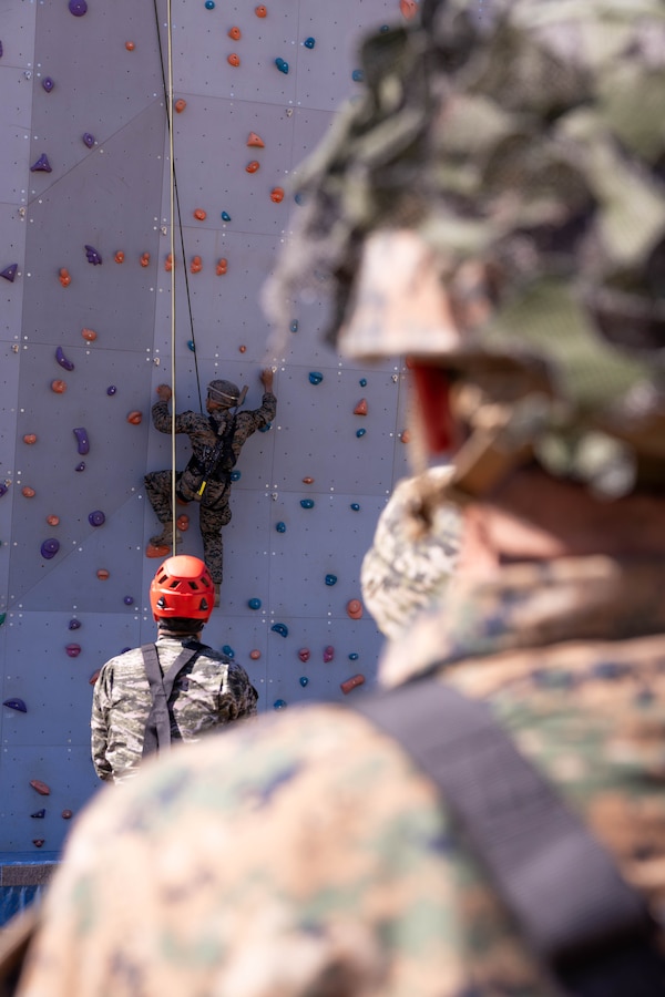 A U.S. Marine with 2nd Battalion, 23rd Marines, forward deployed with 4th Marine Regiment, 3d Marine Division as part of the Unit Deployment Program, and Republic of Korea Marines with the 1st Marine Division, ROK Marine Corps, conduct a wall climbing exercise during the Korean Marine Exercise Program 25.2 in Pohang, South Korea, July 24, 2025. KMEP is conducted regularly between the ROK and U.S. Marine Corps to increase their combined capabilities through realistic training geared towards deterrence and maintaining peace in the Indo-Pacific. (U.S. Marine Corps photo by Cpl. Kanoa Thomas)