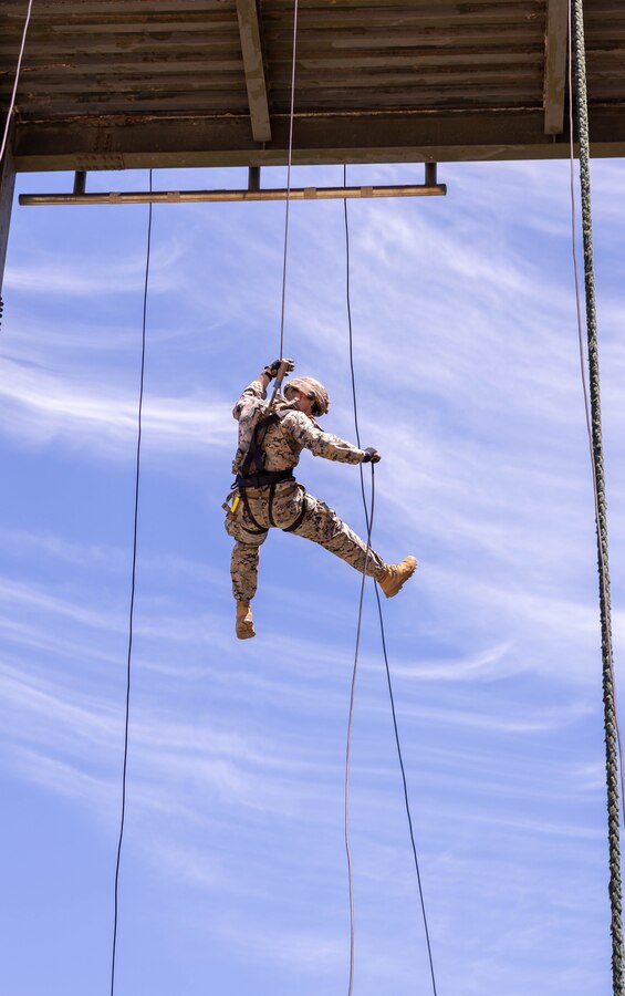 U.S. Marine Corps Gunnery Sgt. Jakob Castaneda, the operations chief with Golf Company, 2nd Battalion, 23rd Marines, forward deployed with 4th Marine Regiment, 3d Marine Division as part of the Unit Deployment Program, conducts a rappel descent during the Korean Marine Exercise Program 25.2 in Pohang, South Korea, July 24, 2025. KMEP is conducted regularly between the ROK and U.S. Marine Corps to increase their combined capabilities through realistic training geared towards deterrence and maintaining peace in the Indo-Pacific. Castaneda is a native of California.  (U.S. Marine Corps photo by Cpl. Kanoa Thomas)