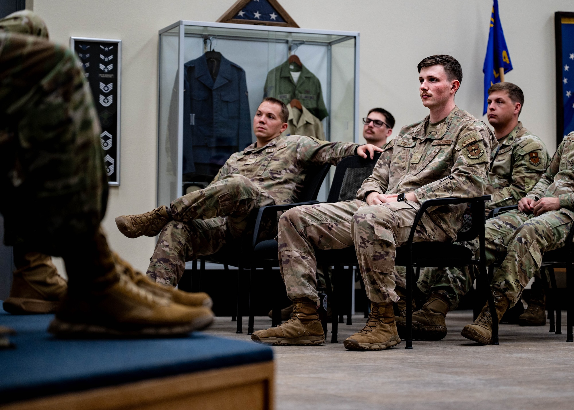 U.S. Air Force Airman Leadership School students listen to a mentorship panel with senior leaders