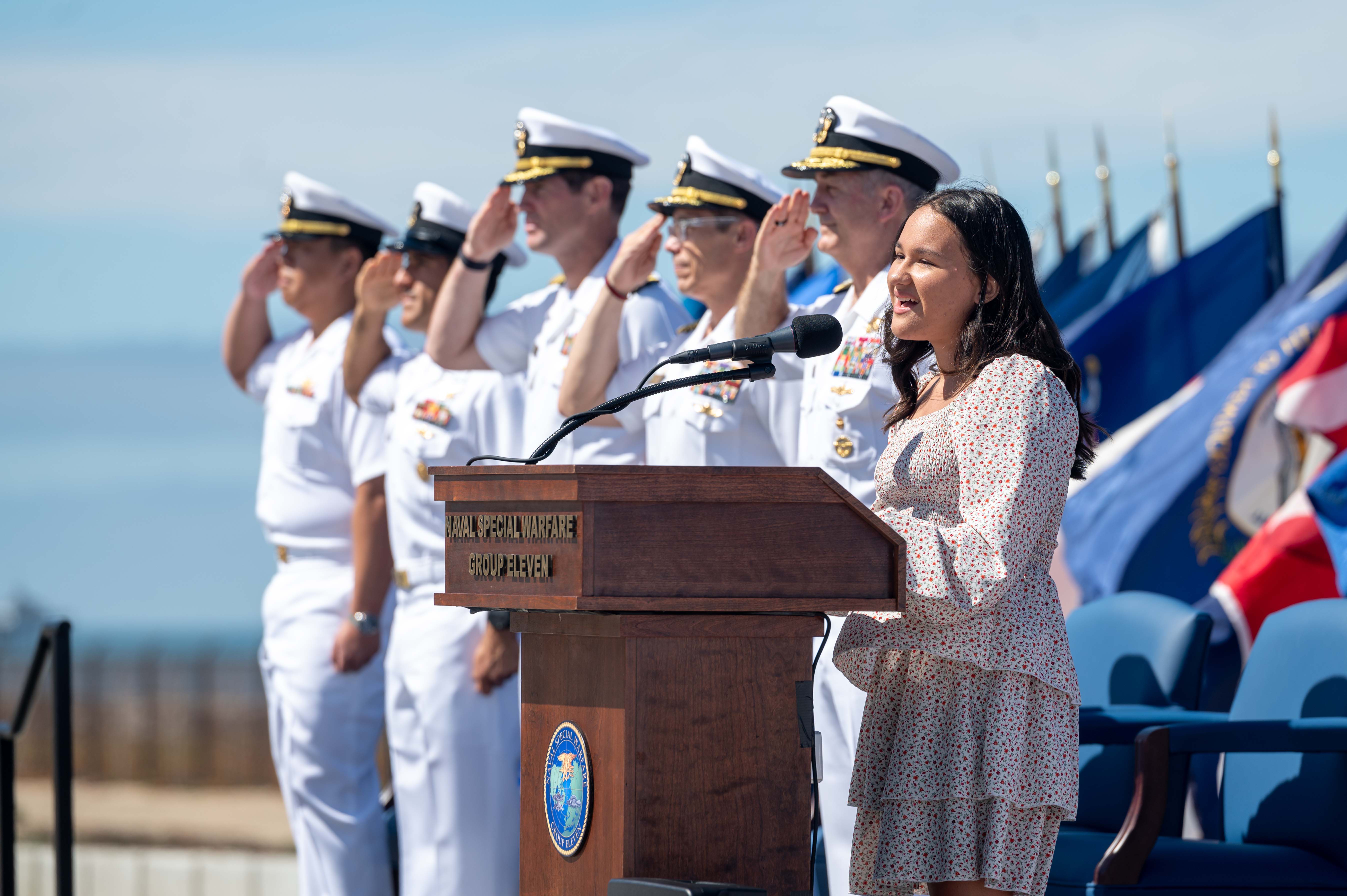 Capt. Christopher E. Wear salutes Capt. Stephen M. Healey as Healey assumes command of Naval Special Warfare Group (NSWG) 11 during a ceremony presided over by Rear Adm. Milton J. Sands III, commander, Naval Special Warfare Command. NSWG-11, a component of U.S. Naval Special Warfare Command, is composed of Navy Reserve SEAL and SWCC units.