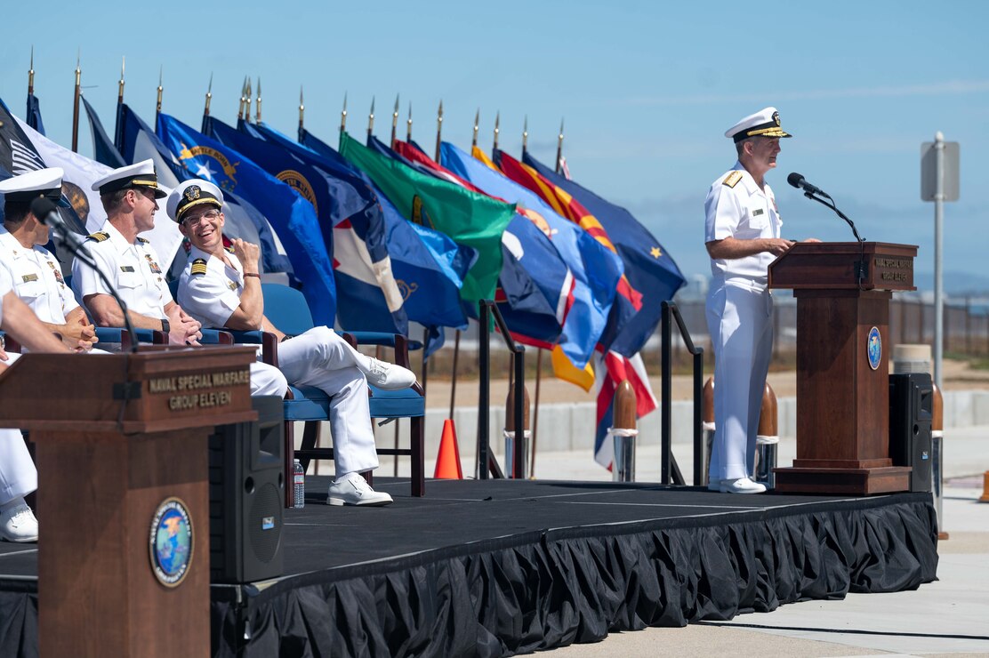 Capt. Christopher E. Wear salutes Capt. Stephen M. Healey as Healey assumes command of Naval Special Warfare Group (NSWG) 11 during a ceremony presided over by Rear Adm. Milton J. Sands III, commander, Naval Special Warfare Command. NSWG-11, a component of U.S. Naval Special Warfare Command, is composed of Navy Reserve SEAL and SWCC units.