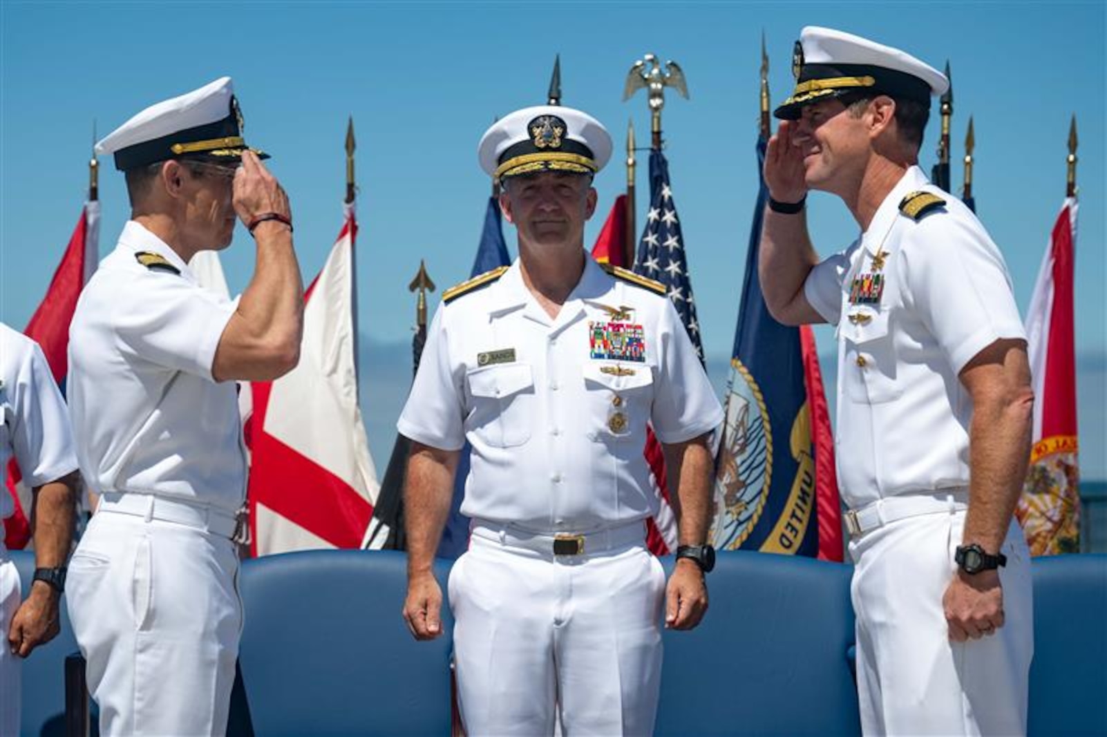 Capt. Christopher E. Wear salutes Capt. Stephen M. Healey as Healey assumes command of Naval Special Warfare Group (NSWG) 11 during a ceremony presided over by Rear Adm. Milton J. Sands III, commander, Naval Special Warfare Command. NSWG-11, a component of U.S. Naval Special Warfare Command, is composed of Navy Reserve SEAL and SWCC units.
