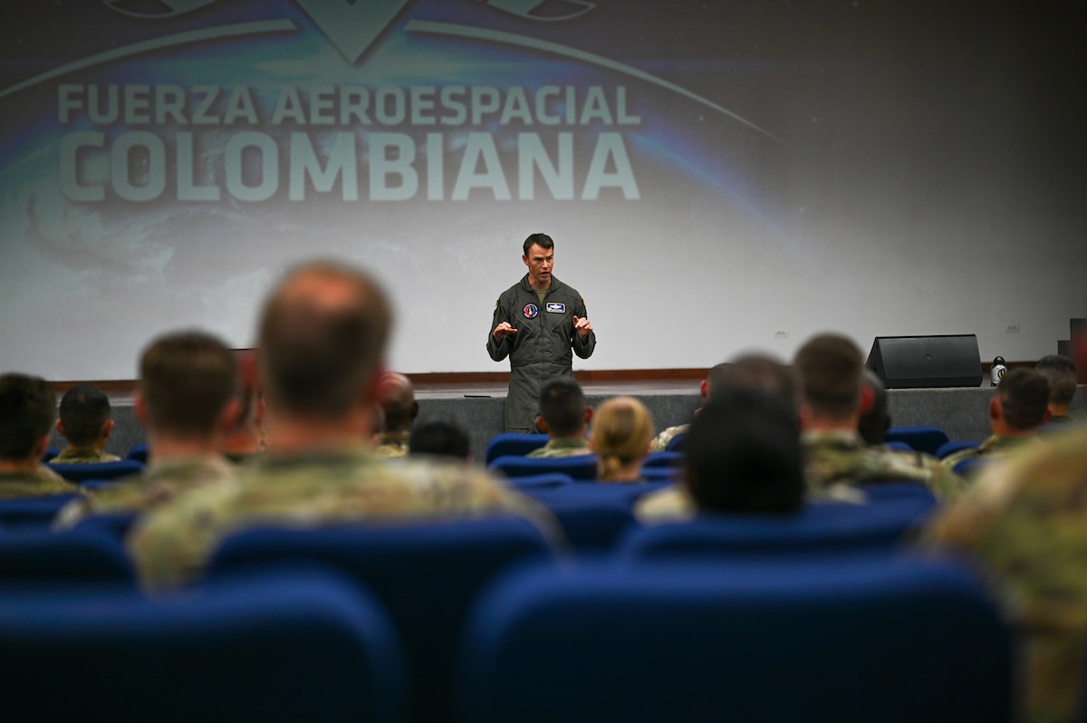 U.S. Mission Commander for Relámpago de los Andes 2025 briefs exercise participants at Palanquero Air Base, Colombia, July 28, 2025. The combined exercise honors Air Forces Southern's promise to be a trusted partner in the region by increasing collaboration, enhancing interoperability, and building partner nation capacity so that we can quickly work together when support is needed. (U.S. Air Force photo by Staff Sgt. Elijah M. Dority)