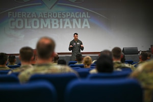 U.S. Mission Commander for Relámpago de los Andes 2025 briefs exercise participants at Palanquero Air Base, Colombia, July 28, 2025. The combined exercise honors Air Forces Southern's promise to be a trusted partner in the region by increasing collaboration, enhancing interoperability, and building partner nation capacity so that we can quickly work together when support is needed. (U.S. Air Force photo by Staff Sgt. Elijah M. Dority)
