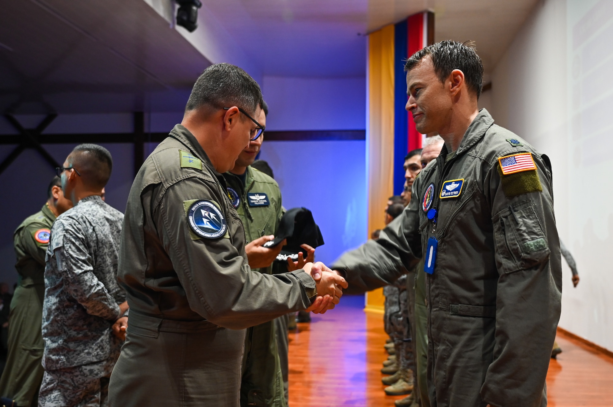 Members of the Colombian, United States and Spanish militaries pose for a group photo July 28, 2025, to memorialize the start of the Relámpago de los Andes 2025 exercise at Palanquero Air Base, Colombia. This Colombian-led, combined exercise focuses on building our strong partnership with Colombia while emphasizing joint force interoperability. (U.S. Air Force photo by Staff Sgt. Elijah M. Dority)