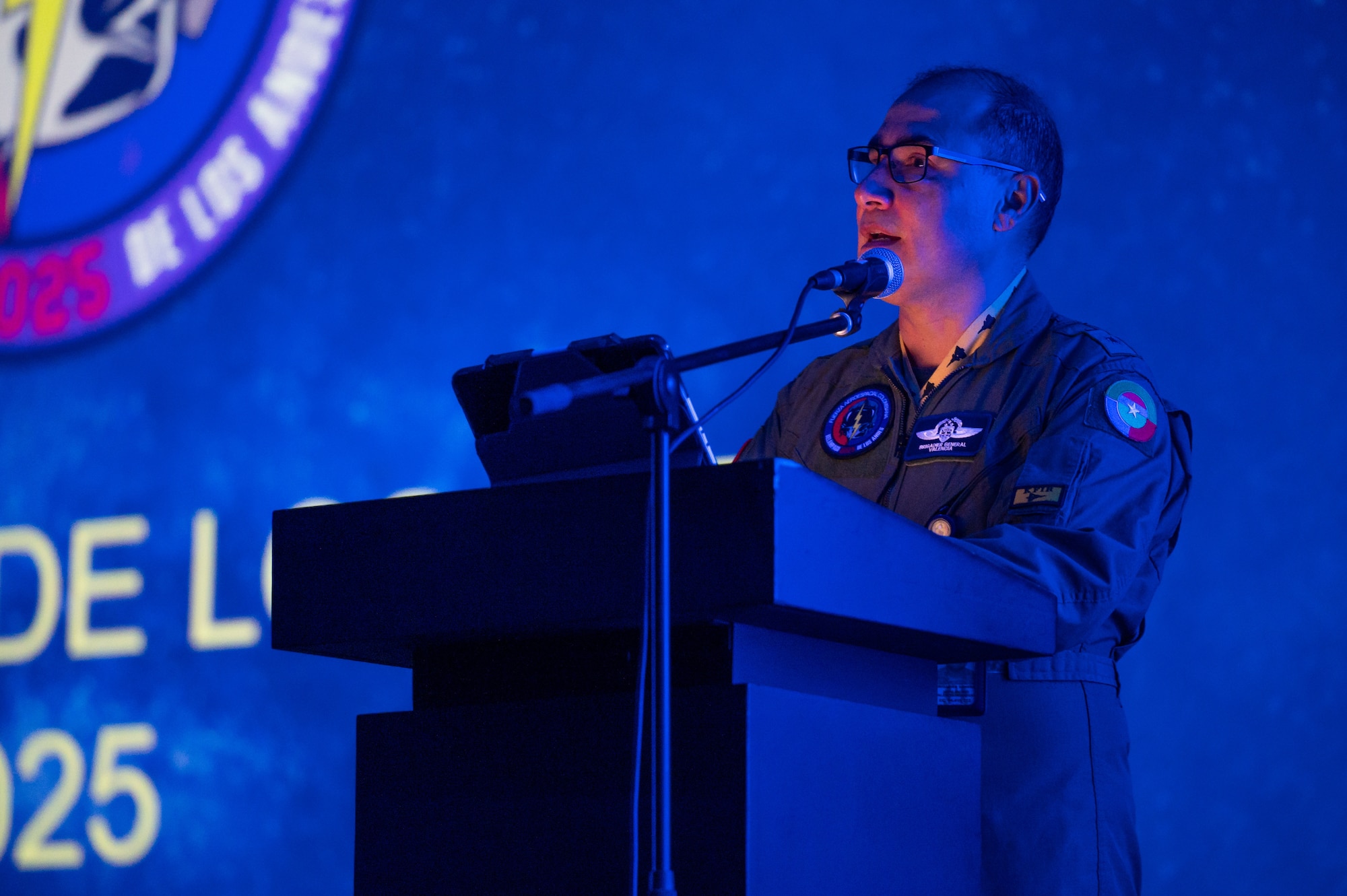 Air Combat Command No.1 Commander, Colombian Air Force Brig. Gen. Jaime Andres Valencia Monsegny, welcomes international service members to Palanquero Air Base, Colombia, July 28, 2025. This Colombian-led, combined exercise focuses on building on upon the strong partnership between the U.S. and Colombia while emphasizing joint force interoperability. (U.S. Air Force photo by Staff Sgt. Elijah M. Dority)