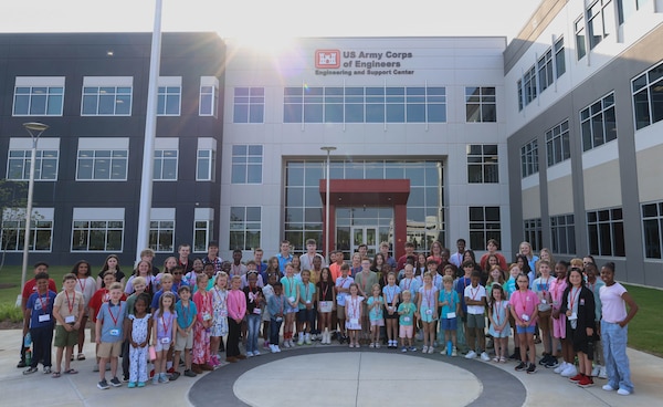 STEM Day group photo outside the U.S. Army Engineering and Support Center, Huntsville building on Redstone Arsenal.