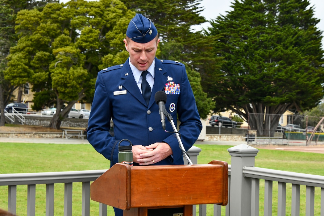 U.S. Air Force Lt. Col. Kevin Hawkins, incoming 314th Training Squadron commander, speaks at the assumption of command ceremony at Soldiers Field, Presidio of Monterey, California, July 25. The 314th TRS trains more than two thousand Air Force enlisted students in foreign language skills across two geographically separated locations every year. (Courtesy photo)