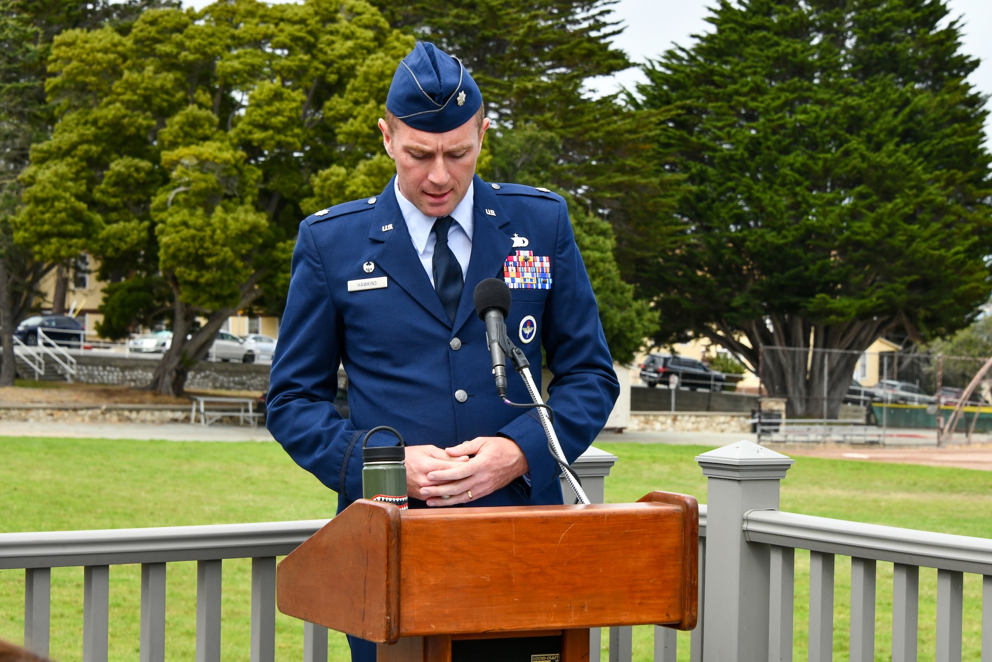 U.S. Air Force Lt. Col. Kevin Hawkins, incoming 314th Training Squadron commander, speaks at the assumption of command ceremony at Soldiers Field, Presidio of Monterey, California, July 25. The 314th TRS trains more than two thousand Air Force enlisted students in foreign language skills across two geographically separated locations every year. (Courtesy photo)