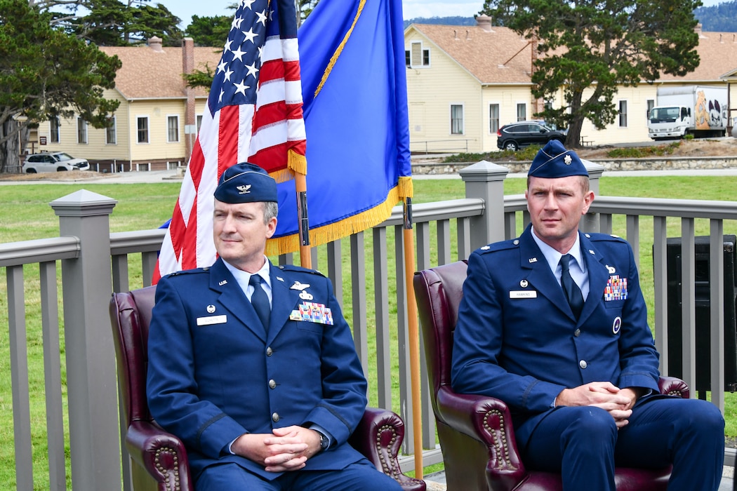 U.S. Air Force Col. Jason Guyette, 517th Training Group commander and Lt. Col. Kevin Hawkins, incoming 314th Training Squadron commander, attend the assumption of command ceremony at Soldiers Field, Presidio of Monterey, California, July 25. The 314th TRS’s mission is to develop combat-minded Airmen with world-class language skills. (Courtesy photo)