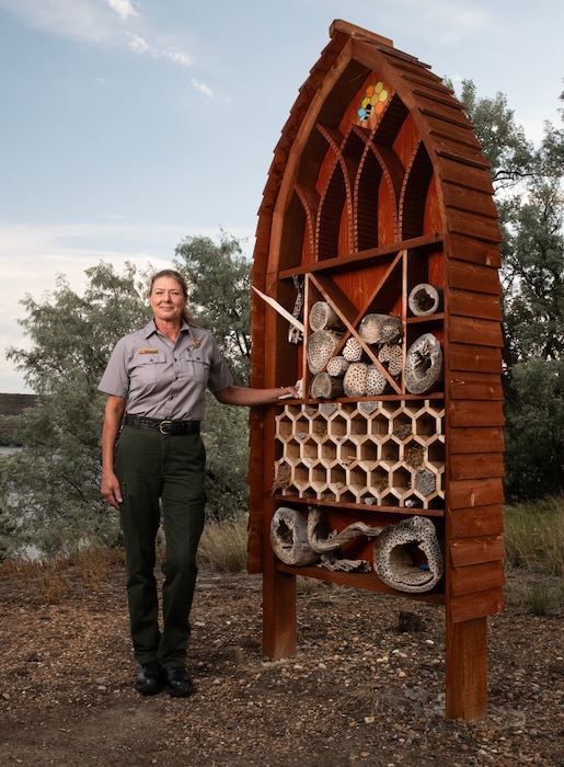 Patricia Gilbert-Ball, a natural resources specialist and park ranger with the U.S. Army Corps of Engineers, Omaha District’s Fort Peck Project in Montana, smiles for a portrait in at the project’s Bee Haven Pollinator Garden and Interpretive Trail, July 19, 2025.