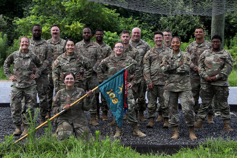 U.S. Soldiers assigned to the 109th Mobile Public Affairs Detachment, 213th Regional Support Group, Pennsylvania National Guard, pose for a group photo at Fort Indiantown Gap, Pennsylvania, July 22, 2025. The 109th MPAD executed an obstacle course to evaluate their fitness and learn about Air Assault training. (U.S. Army National Guard photo by Pfc. Leah Klunk and Pfc. Ciarra Munoz)