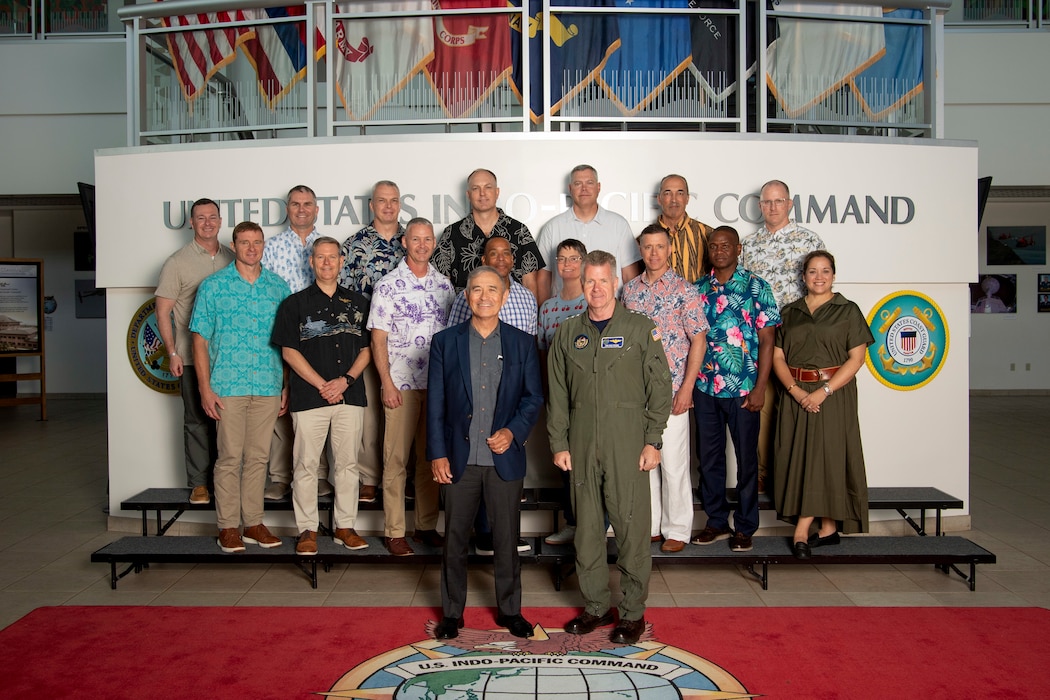 Adm. Samuel J. Paparo, commander of U.S. Indo-Pacific Command, joins the National Defense University Capstone 25-4 fellows for a group photo at USINDPACOM headquarters on Camp H.M. Smith, Hawaii, July 29, 2025.