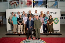 Adm. Samuel J. Paparo, commander of U.S. Indo-Pacific Command, joins the National Defense University Capstone 25-4 fellows for a group photo at USINDPACOM headquarters on Camp H.M. Smith, Hawaii, July 29, 2025.