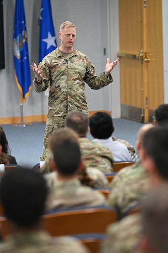 Maj. Gen. Luke Cropsey unveils his new strategic anchors for the Program Executive Office for Command, Control, Communications and Battle Management here, July 30, 2025. The initiative addresses three critical requirements: create credibility and responsiveness with operational partners, develop a comprehensive DAF BATTLE NETWORK-wide technical strategy, and expand “lethal enablers” to overcome bureaucratic obstacles slowing down delivery. Cropsey is C3BM’s program executive officer. (Official Air Force Photo by Richard Blumenstein).