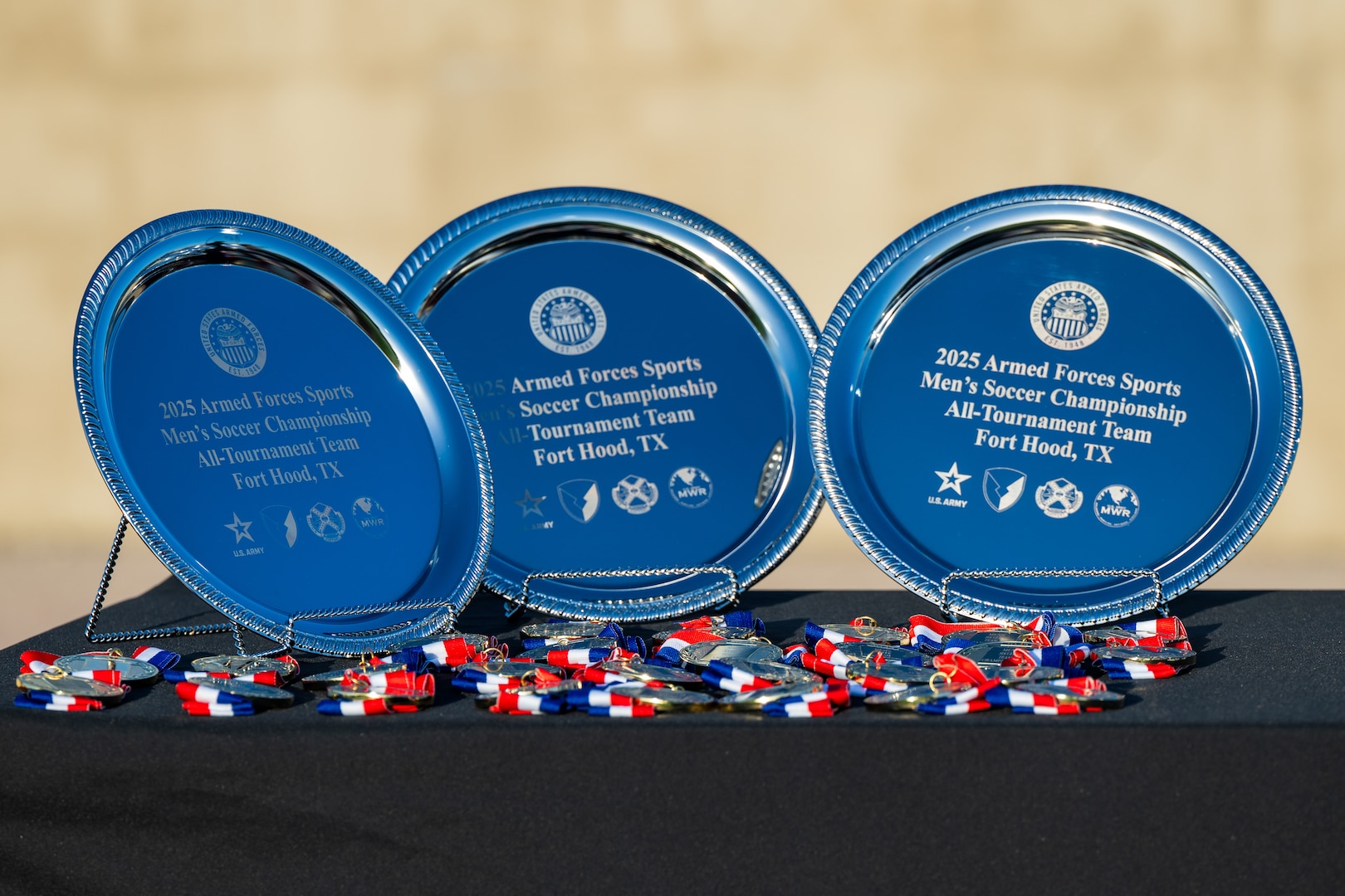 U.S. Armed Forces Sports present awards and medals for the winning team, runner up, and all-tournament players for the Armed Forces Men’s Soccer Championship in Phantom Warrior Stadium, Fort Hood, Texas, on July 30, 2025. Each team faces off in a bracket to determine which service will hold the championship title, featuring teams from the Army, Navy, and Air Force. (U.S. Army photo by Sgt. Tien Dat Ngo)
