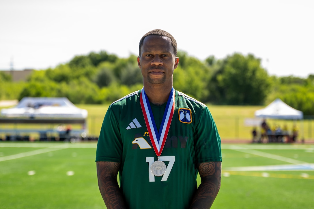 U.S. Army Capt. Christian King captures silver for the All-Army Men's Soccer Team during the Armed Forces Men’s Soccer Championship in Phantom Warrior Stadium, Fort Hood, Texas, on July 30, 2025. Each team faces off in a bracket to determine which service will hold the championship title, featuring teams from the Army, Navy, and Air Force. (U.S. Army photo by Sgt. Tien Dat Ngo)