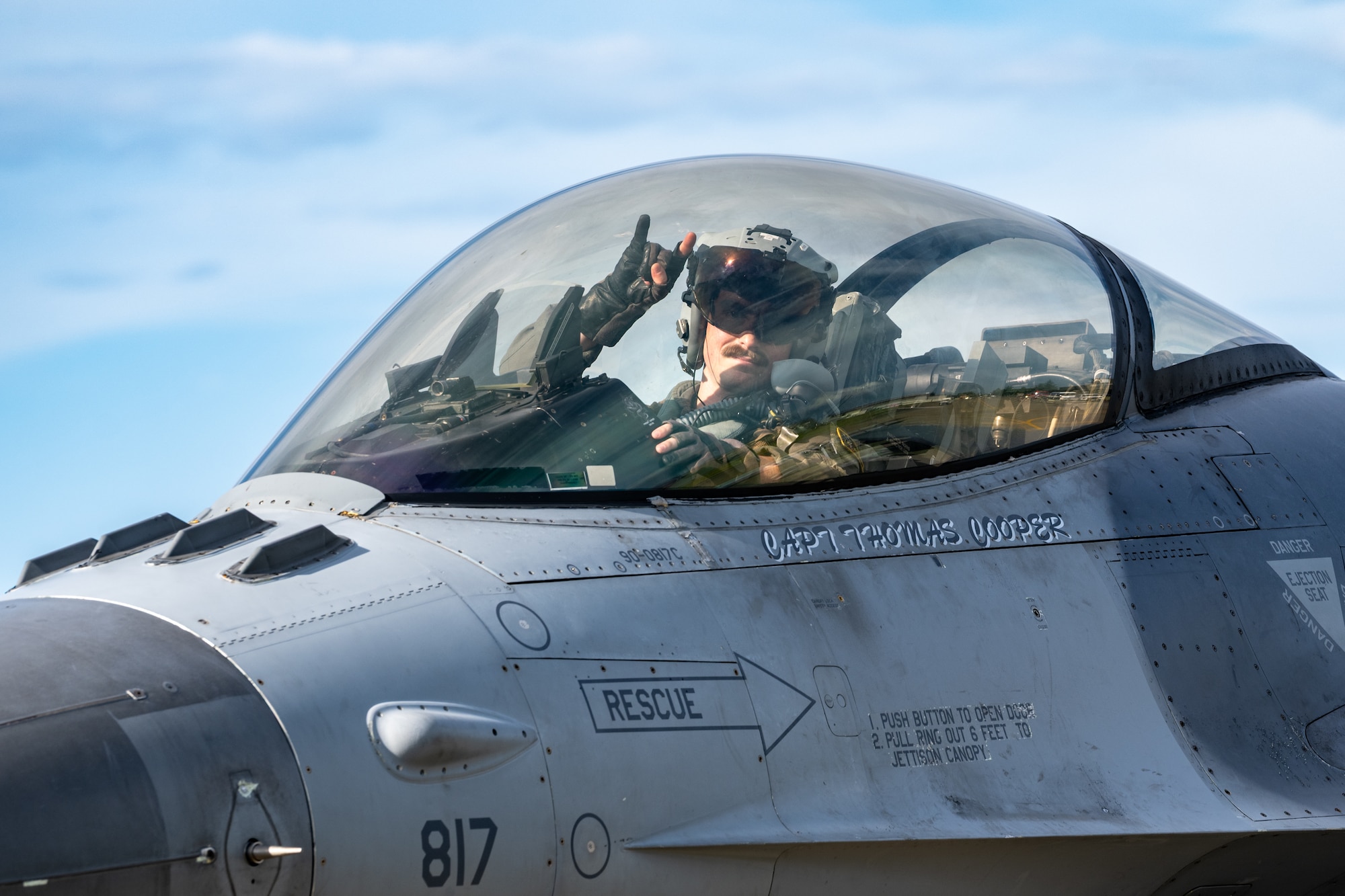 U.S. Air Force Capt. Eric Murray, 14th Fighter Squadron F-16 Fighting Falcon pilot, poses for a photo during exercise Resolute Force Pacific 2025