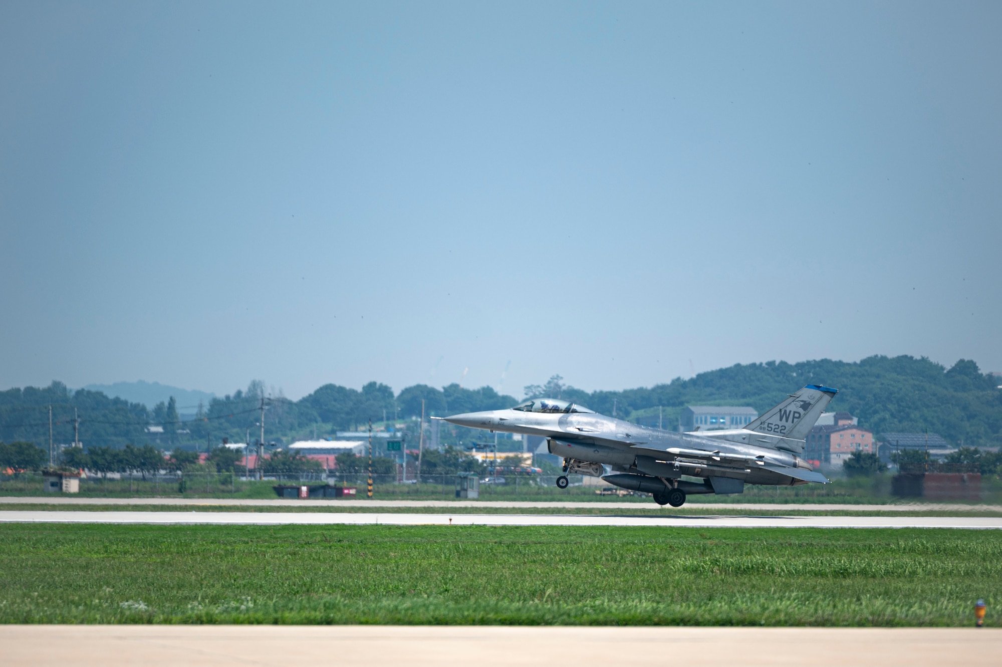 A U.S. Air Force F-16 arrives at Osan Air Base, Republic of Korea, July 28, 2025, as part of a temporary relocation under the Super Squadron initiative.