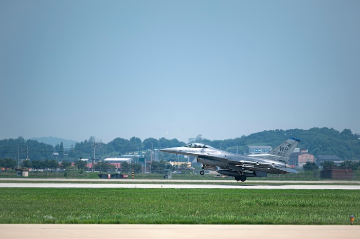 A U.S. Air Force F-16 arrives at Osan Air Base, Republic of Korea, July 28, 2025, as part of a temporary relocation under the Super Squadron initiative.
