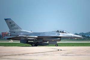 A U.S. Air Force F-16 Fighting Falcon taxis along the flightline after landing at Osan Air Base, Republic of Korea, July 28, 2025.