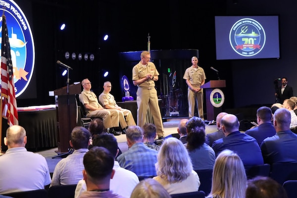 Vice Adm. Johnny R. Wolfe, Jr participated in a celebratory event at NewLife Training Center on 16 July, in honor of the 70th anniversary of Strategic Systems Programs. As a part of the SSP team, Strategic Weapons Facility Pacific provides dedication to assembling, maintaining, and storing Trident II D5 Missiles and deploying them on fleet ballistic missile submarines. We are devoted to serving our nation by providing safe, secure, credible, and affordable sea-based missile systems. The ceremony is one of several events leading up to SSP’s anniversary on November 17, 2025, intended to highlight the vast network of people and expertise required to ensure SSP’s no-fail mission. Since SSP was stood up in 1955, it has retained the cradle-to-grave responsibility for the submarine-launched ballistic missile (SLBM) strategic weapon system. Today, that system is the Trident II D5LE deployed on Ohio-class SSBNs for strategic patrol, supporting the U.S. Navy’s role in maintaining peace through strength. SSP is also modernizing the Navy’s SWS for the future Columbia-class SSBNs and is pioneering advanced regional strike capabilities with SLCM-N and the non-nuclear CPS programs to enhance our nation’s maritime dominance. This year’s celebration coincides with the 250th birthday of the U.S. Navy on Oct. 13. For 250 years, America’s Navy has promoted prosperity and security, deterred aggression, and protected the American way of life.

(U.S. Navy photo by Cody Brown/Released)