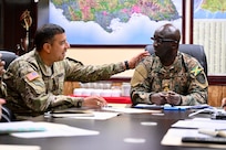 Maj. Gen. John Andonie, Commanding General (Interim) for the DC National Guard, meets with Brig. Ricardo Blidgen, Commander of the Jamaica National Reserve, during his to visit to the Caribbean Regional Training Camp in Kingston, Jamaica, July 17-19, 2025. The D.C. National Guard's partnership with Jamaica, facilitated by the National Guard Bureau's State Partnership Program (SPP), promotes security cooperation through military engagements and interagency collaboration.
