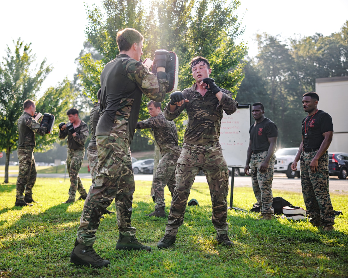 British Royal Marines conduct hand-to-hand combat techniques during a physical training circuit as part of “Virginia Tempest” at The Basic School on Marine Corps Base Quantico, Virginia, July 30, 2025. Virginia Tempest is an annual training event where Royal Marines and U.S. Marines collaborate in training such as the obstacle course, Marine Corps Martial Arts Program, and other rigorous events, ultimately designed to support interoperability and maintaining the historic working relationship between the organizations. (U.S. Marine Corps photo by Lance Cpl. Braydon Rogers)