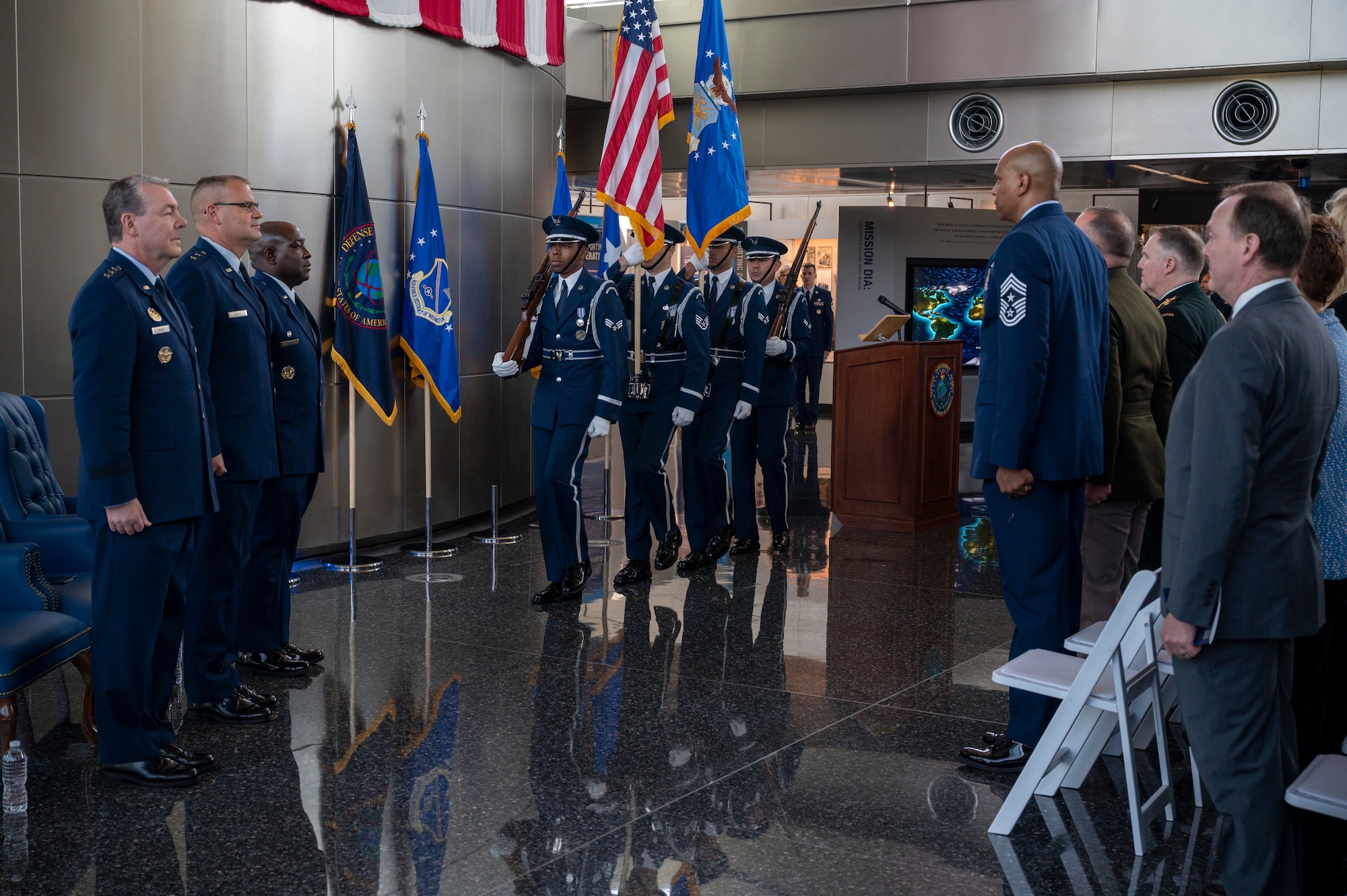 Members of the U.S. Air Force Honor Guard present the colors for the 77th Intelligence Wing Activation and Assumption of Command Ceremony at Joint Base Anacostia-Bolling, Washington, D.C., July 24, 2025.