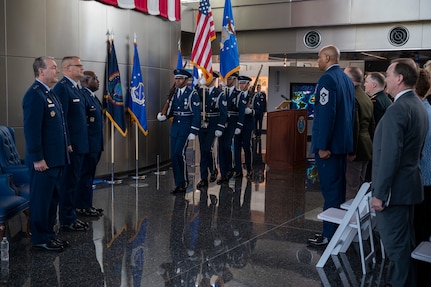 Members of the U.S. Air Force Honor Guard present the colors for the 77th Intelligence Wing Activation and Assumption of Command Ceremony at Joint Base Anacostia-Bolling, Washington, D.C., July 24, 2025.