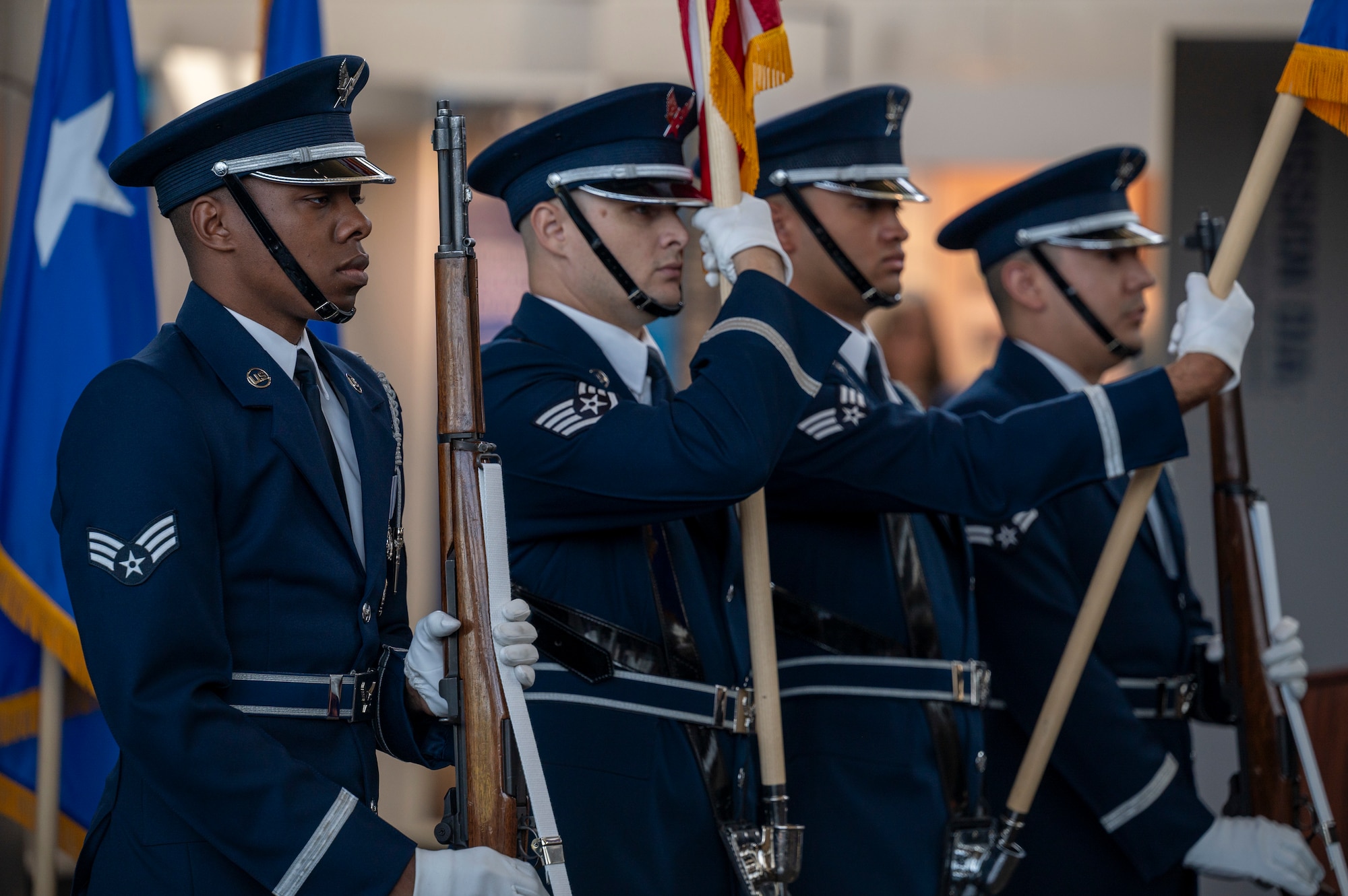 Members of the U.S. Air Force Honor Guard present the colors during the 77th Intelligence Wing Activation and Assumption of Command Ceremony at Joint Base Anacostia-Bolling, Washington, D.C., July 24, 2025.