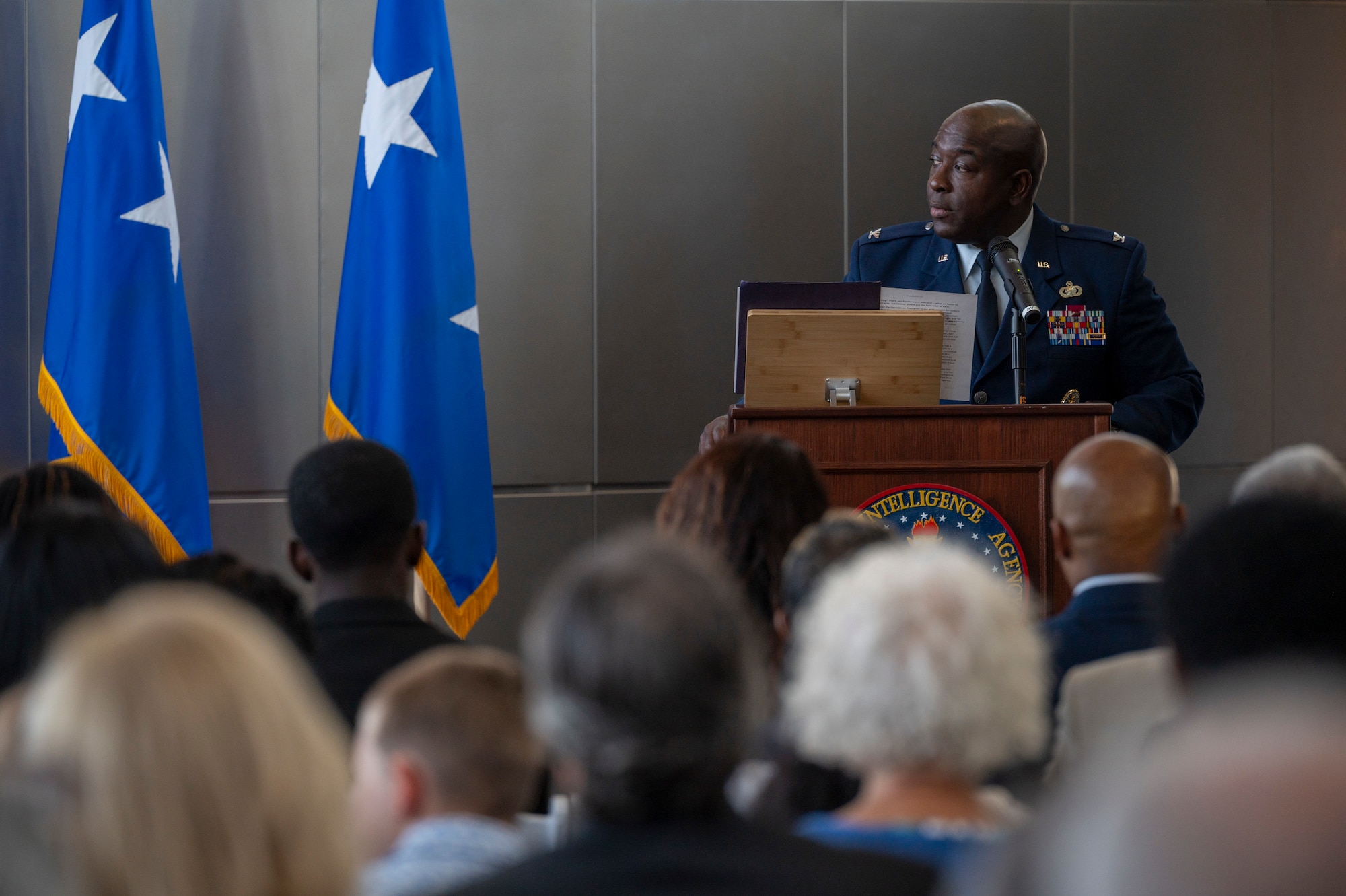 U.S. Air Force Col. Ryan L. O’Neal, new commander of the 77th Intelligence Wing, speaks during the 77th IW Activation and Assumption of Command Ceremony at Joint Base Anacostia-Bolling, Washington, D.C., July 24, 2025.