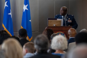 U.S. Air Force Col. Ryan L. O’Neal, new commander of the 77th Intelligence Wing, speaks during the 77th IW Activation and Assumption of Command Ceremony at Joint Base Anacostia-Bolling, Washington, D.C., July 24, 2025.