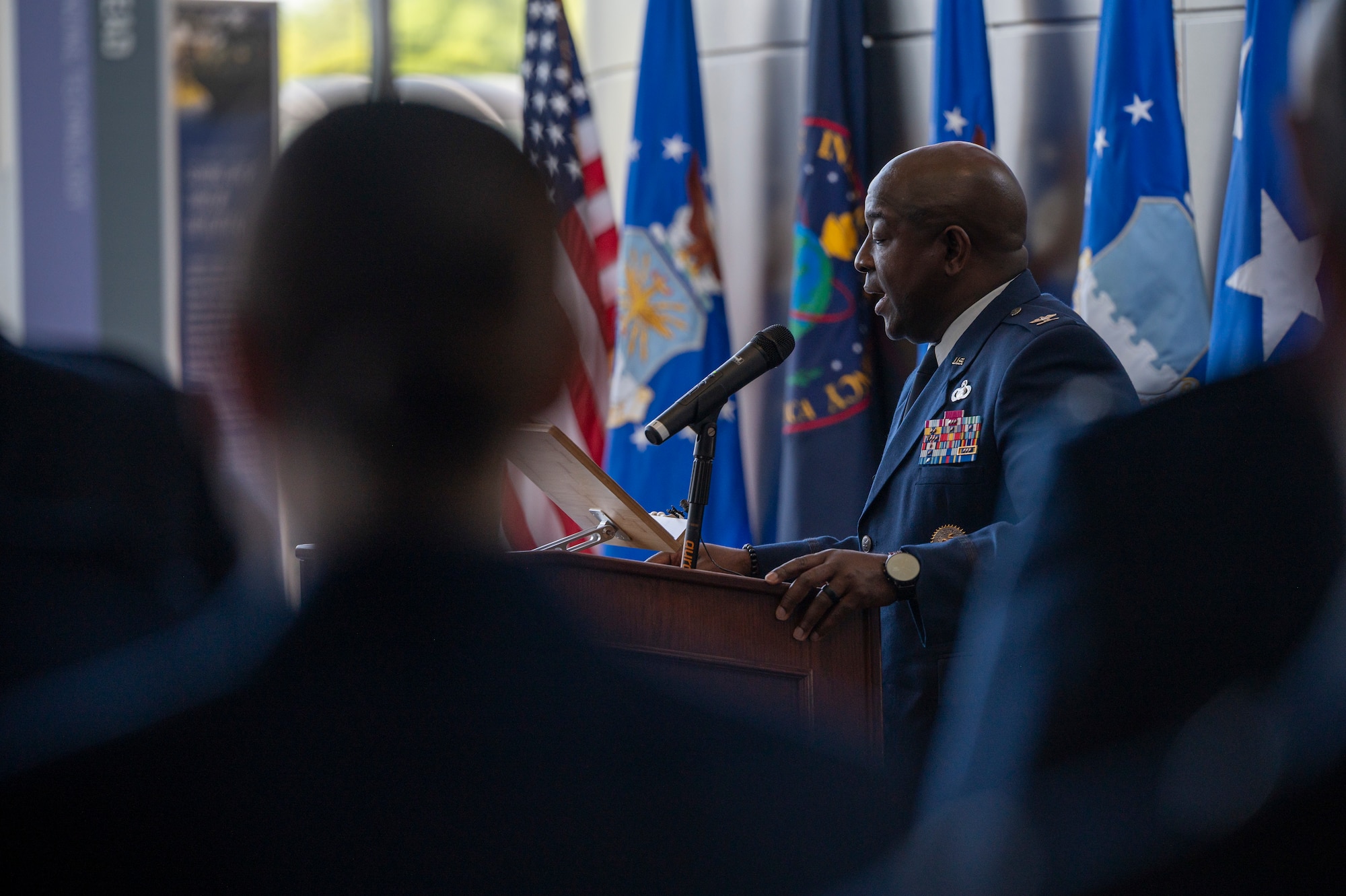 U.S. Air Force Col. Ryan L. O’Neal, new commander of the 77th Intelligence Wing, speaks during the 77th IW Activation and Assumption of Command Ceremony at Joint Base Anacostia-Bolling, Washington, D.C., July 24, 2025.