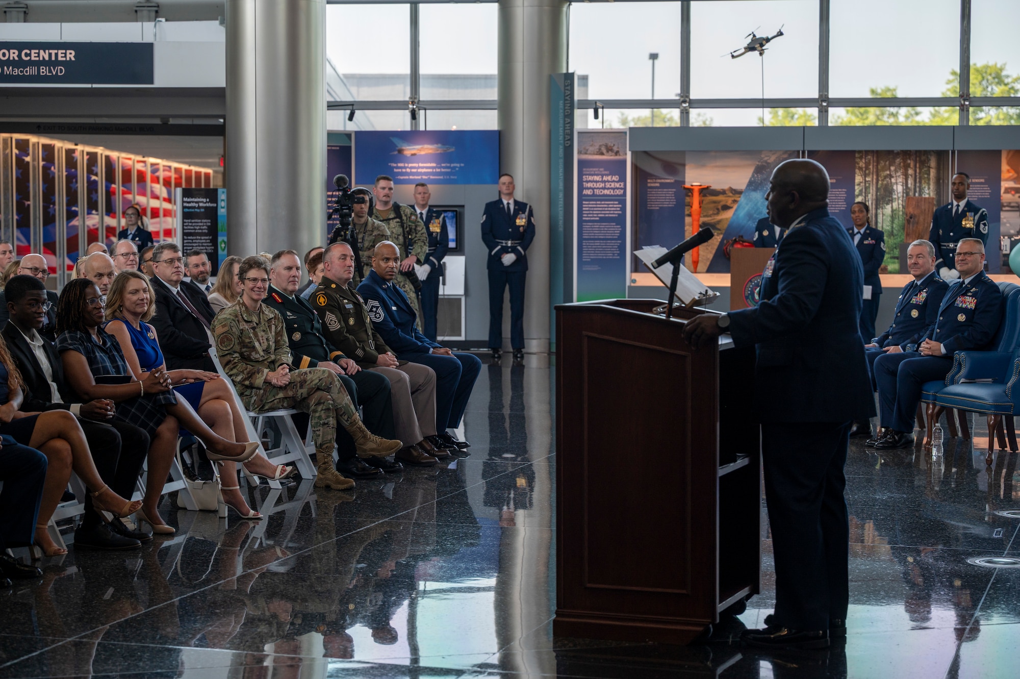 U.S. Air Force Col. Ryan L. O’Neal, new commander of the 77th Intelligence Wing, speaks to members of the audience during the 77th IW Activation and Assumption of Command Ceremony at Joint Base Anacostia-Bolling, Washington, D.C., July 24, 2025.