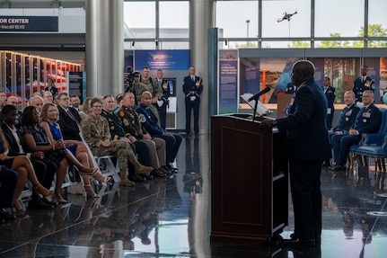 U.S. Air Force Col. Ryan L. O’Neal, new commander of the 77th Intelligence Wing, speaks to members of the audience during the 77th IW Activation and Assumption of Command Ceremony at Joint Base Anacostia-Bolling, Washington, D.C., July 24, 2025.
