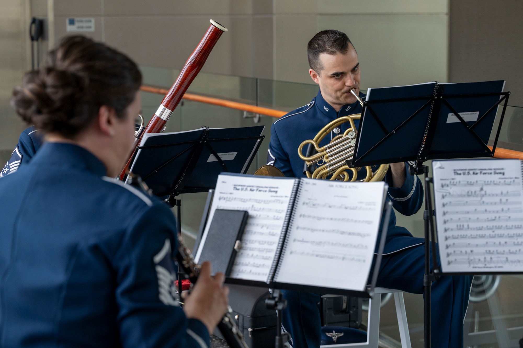 Instrumentalists perform at a change of command ceremony.