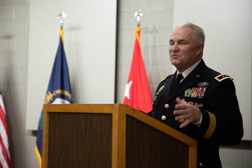 Maj. Gen. Haldane B. Lamberton, Kentucky’s adjutant general, congratulates Col. Elizabeth Murphy during a promotion ceremony at the Wellman Auditorium at Boone National Guard Center in Frankfort, Jul 22, 2025. Murphy has served since 1997, most recently with the Office of Special Victims’ Counsel. (U.S. Army photo by Milt Spalding)