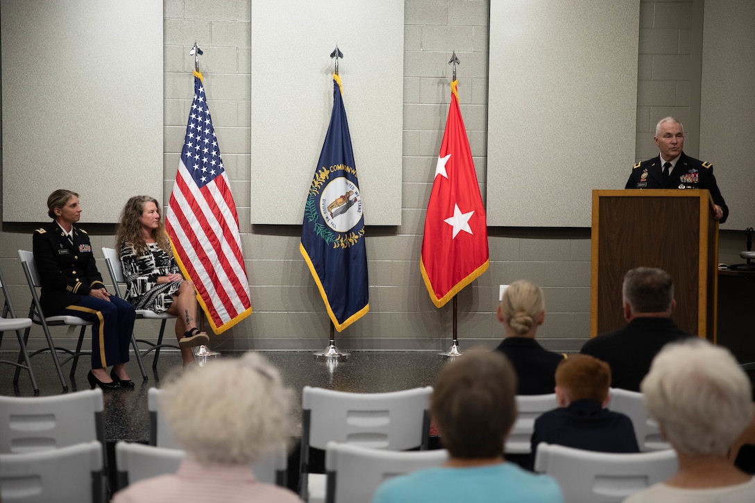 Maj. Gen. Haldane B. Lamberton, Kentucky’s adjutant general, congratulates Col. Elizabeth Murphy during a promotion ceremony at the Wellman Auditorium at Boone National Guard Center in Frankfort, Jul 22, 2025. Murphy has served since 1997, most recently with the Office of Special Victims’ Counsel. (U.S. Army photo by Milt Spalding)