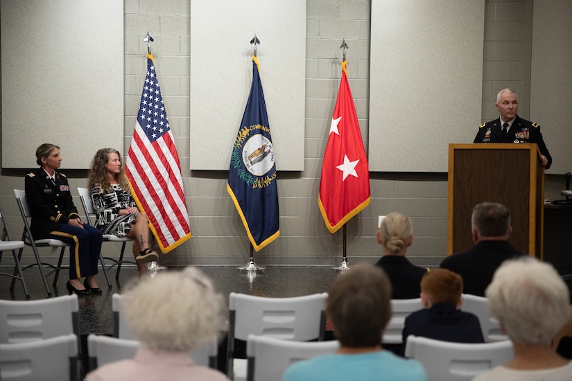 Maj. Gen. Haldane B. Lamberton, Kentucky’s adjutant general, congratulates Col. Elizabeth Murphy during a promotion ceremony at the Wellman Auditorium at Boone National Guard Center in Frankfort, Jul 22, 2025. Murphy has served since 1997, most recently with the Office of Special Victims’ Counsel. (U.S. Army photo by Milt Spalding)