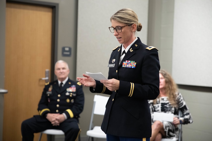Col. Elizabeth Murphy speaks to family, friends and fellow Soldiers during a promotion ceremony at the Wellman Auditorium at Boone National Guard Center in Frankfort, Jul 22, 2025. Murphy has served since 1997, most recently with the Office of Special Victims’ Counsel. (U.S. Army photo by Milt Spalding)