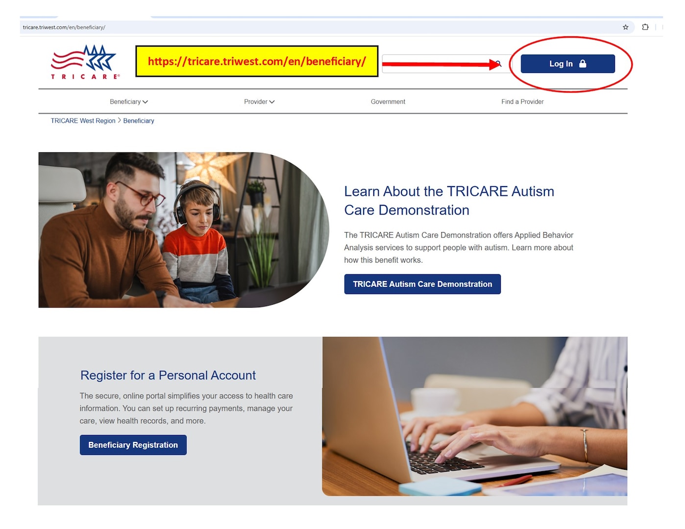 Screen capture of the TRICARE website