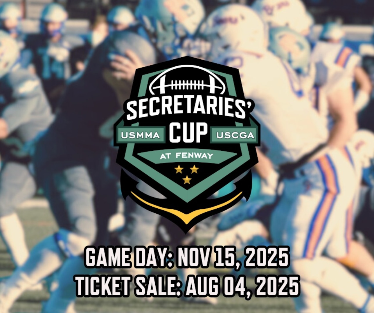 Graphic created for tickets for the 2025 Secretaries Cup football game between the U.S. Coast Guard Academy and the U.S. Merchant Marine Academy go on sale Monday, Aug. 4, 2025. This year’s matchup will take place at Fenway Park on Saturday, Nov. 15, the first time the historic rivalry will be played in a Major League stadium. (U.S. Coast Guard graphic created by Petty Officer Second Class Janessa Warschkow.)
